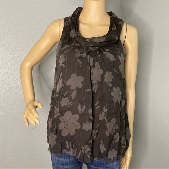 Carla Conti Sleeveless Dark Green Draped Neck Floral Silk Blouse Size Small - Picture 2 of 10